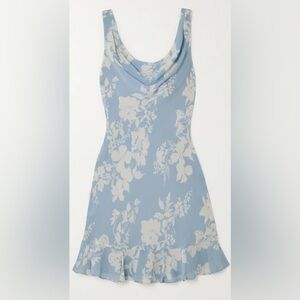 Reformation Rudie Draped Ruffled Floral Print Crepe Mini Dress Light Blue Size 2